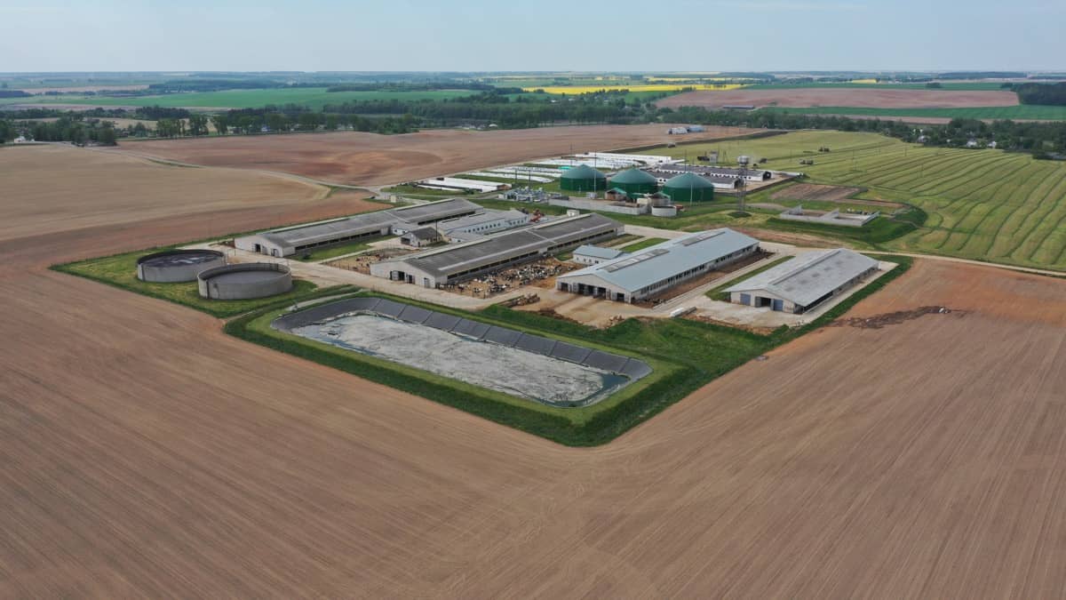 Aerial view of a large agricultural site with its own energy installation