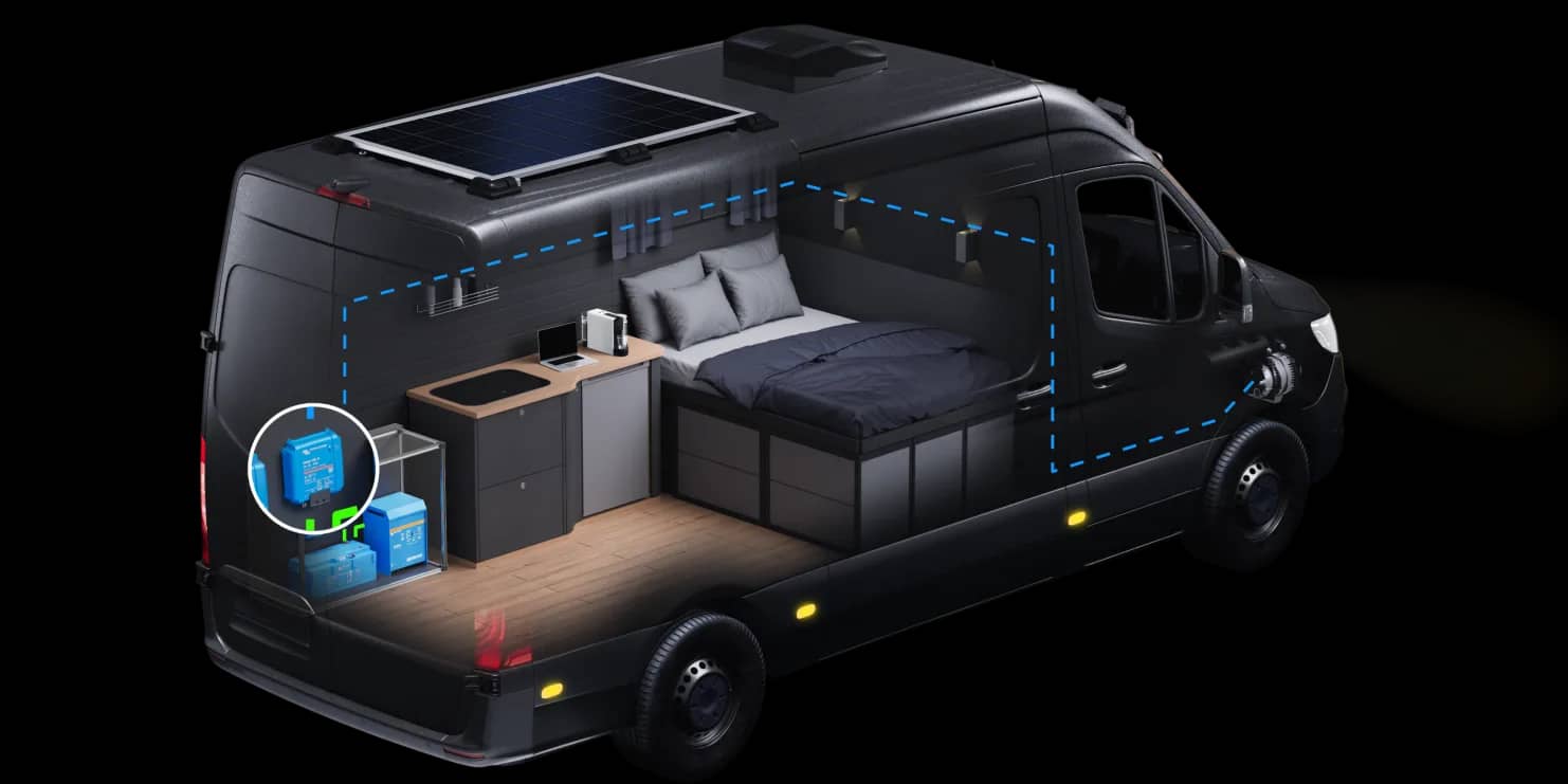 Cutaway view of a campervan highlighting alternator charging via a Victron DC-DC charger