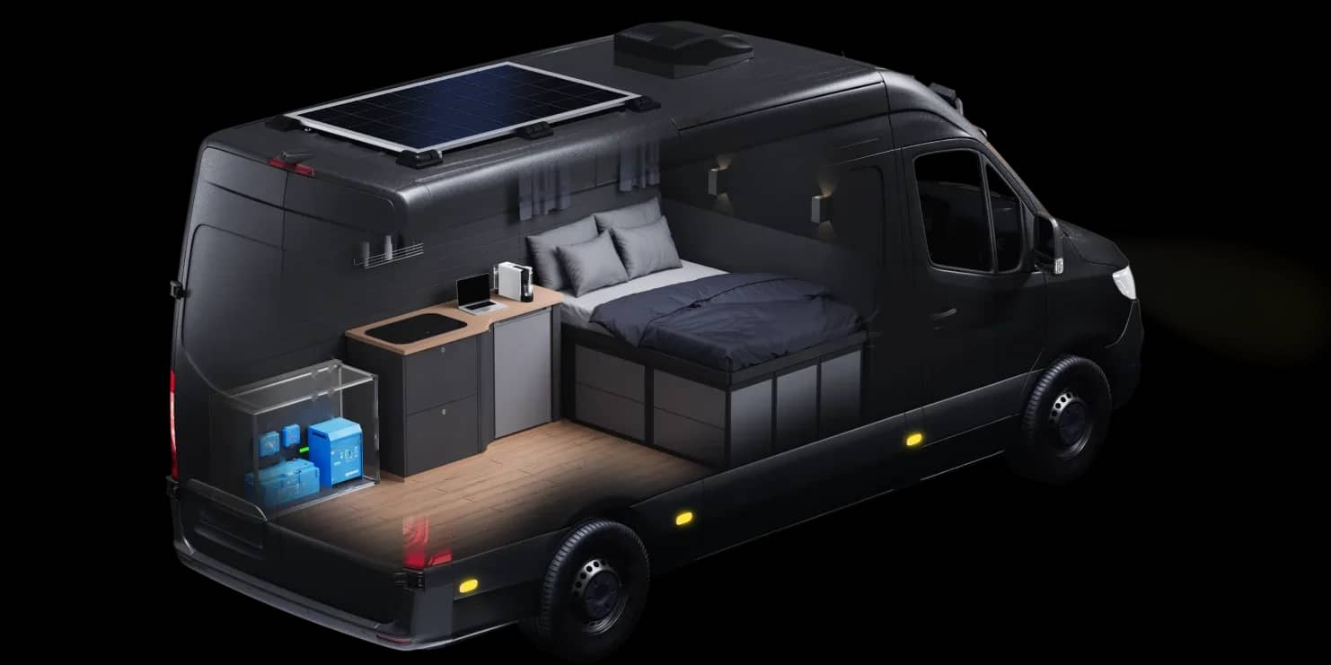 Cutaway view of a campervan showing its complete Victron power system